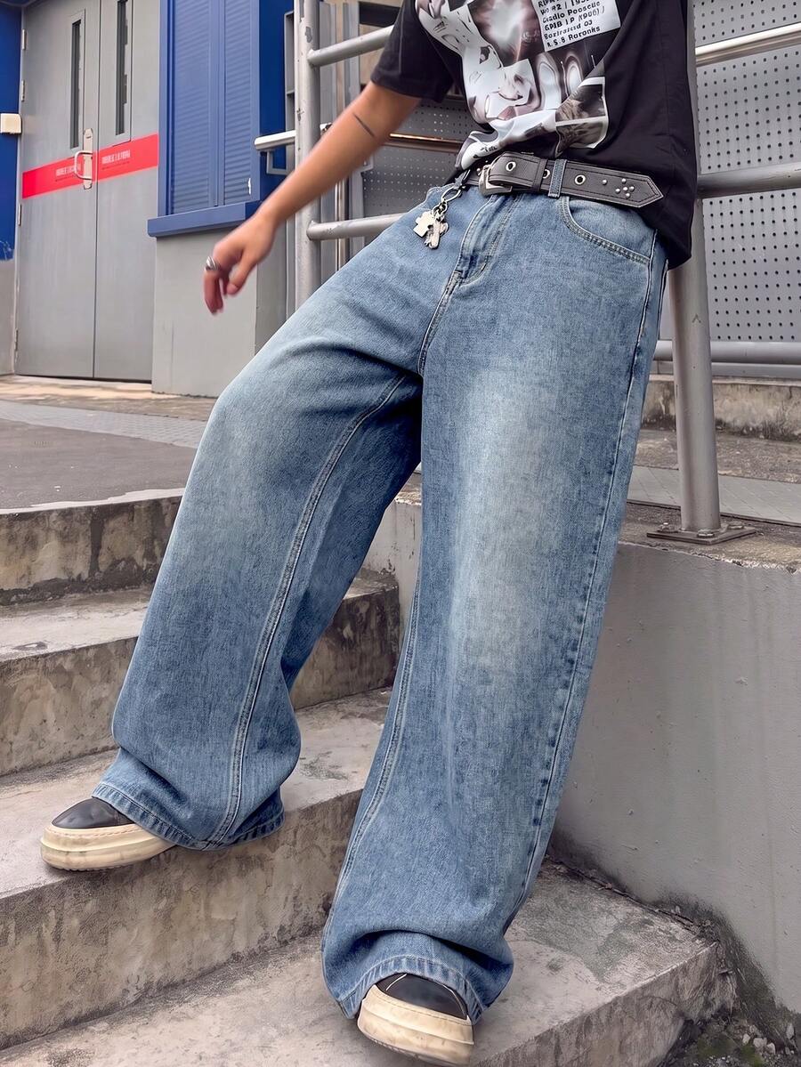男士寬鬆寬腿牛仔褲 美式復古雪花洗酸洗 無彈力休閒工裝街頭風長褲 - 藍色 - 查看 1