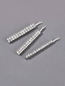 3pcs/Set Classic Geometric Long Silver Rhinestone Hair Clips, All-Match Versatile Minimalist Luxury Full Rhinestone Straight Hair Clips For Women, Daily Wear, Layering, Wedding, Evening Party, Date, Photo Shoot, Updo Styling, Side Clips - Silver - View 9