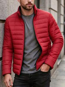1pc Men's Autumn/Winter Versatile Stand Collar Motorcycle Padded Padded Coat, Lightweight Warm Quilted Coat For Daily Wear, Office Commute - Red - View 1