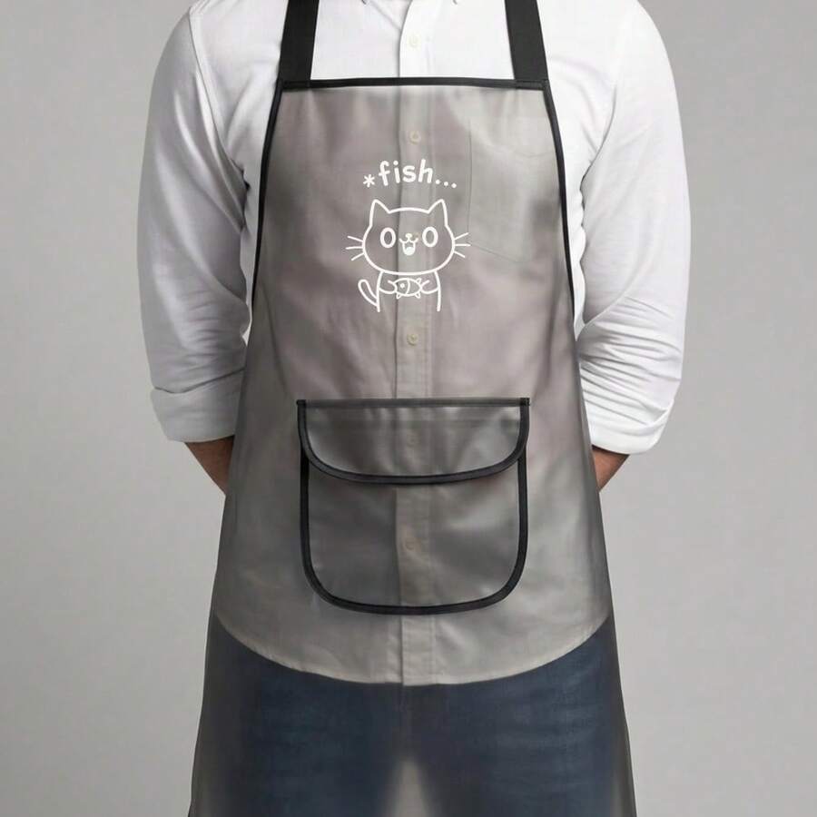 Cute Cat Letter Print Apron, Stain-Resistant Material, Casual Style, H-Shaped Double Shoulder Straps, Front Large Pocket, Easy To Clean, Suitable For Kitchen Cooking, Holiday Gift - Multicolor - View 1