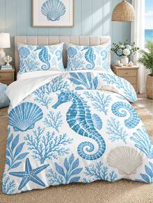 3pcs Blue Seahorse Shell Coral Ocean Pattern Printed Duvet Cover Set (1 Duvet Cover + 2 Pillowcases, No Fill), Soft Breathable Fabric, Machine Washable, Suitable For All Seasons, Bedroom And Guest Room Bedding Decor - Multicolor - View 8