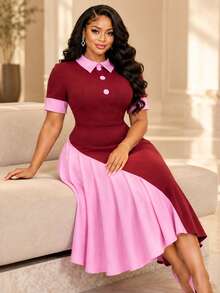 AOMEI Women's Colorblock Pleated A-Line Dress, Button-Up Collar Short Sleeve, Elegant Commute Office Church Gathering Dress - Burgundy - View 6