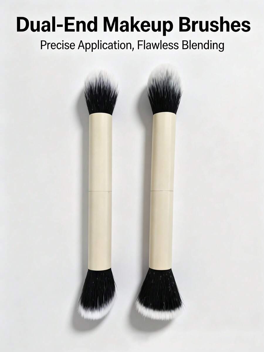 2pcs Large Dual-Head Macaron Color Blush Brush, Powder Brush, Angled Contour Brush, Fluffy Highlighter Brush, Double-Layer Makeup Brush - Beige - View 1