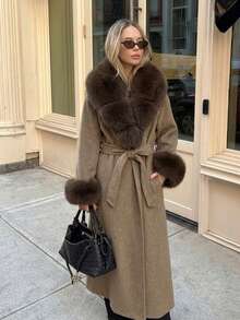 OFTBUY Long Solid Color Faux Fur Collar Sleeve Belted Wool Blend Coat, Loose Casual Streetwear Fashion For Autumn/Winter - Oatmeal Coffee - View 2