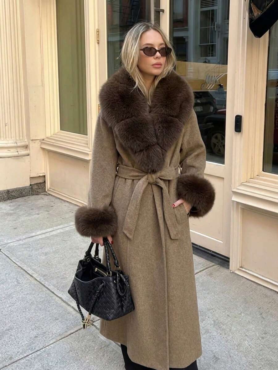 OFTBUY Long Solid Color Faux Fur Collar Sleeve Belted Wool Blend Coat, Loose Casual Streetwear Fashion For Autumn/Winter