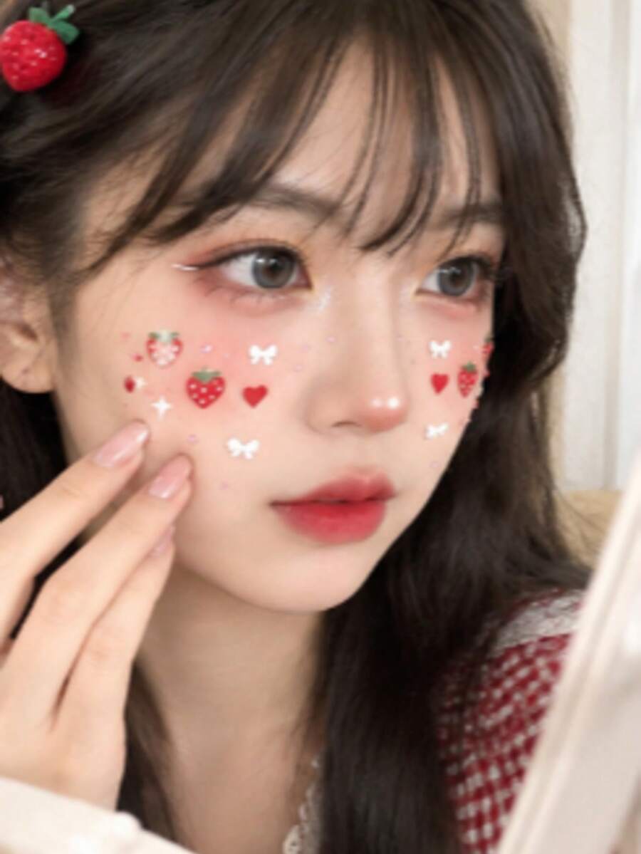1件裝自黏式臨時臉部貼紙,草莓愛心蝴蝶結圖案可愛臉部貼紙,防水抗汗持久無需額外黏膠,適合音樂節、派對、演唱會、拍照、Cosplay、節日的趣味妝容裝飾 - 彩色 - 查看 1