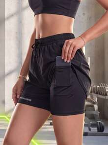 Women's 2-In-1 Fitness Sports Shorts, Quick-Dry Double Layer Design With Phone Pocket And Towel Loop, Running Training Workout Shorts - Black - View 10