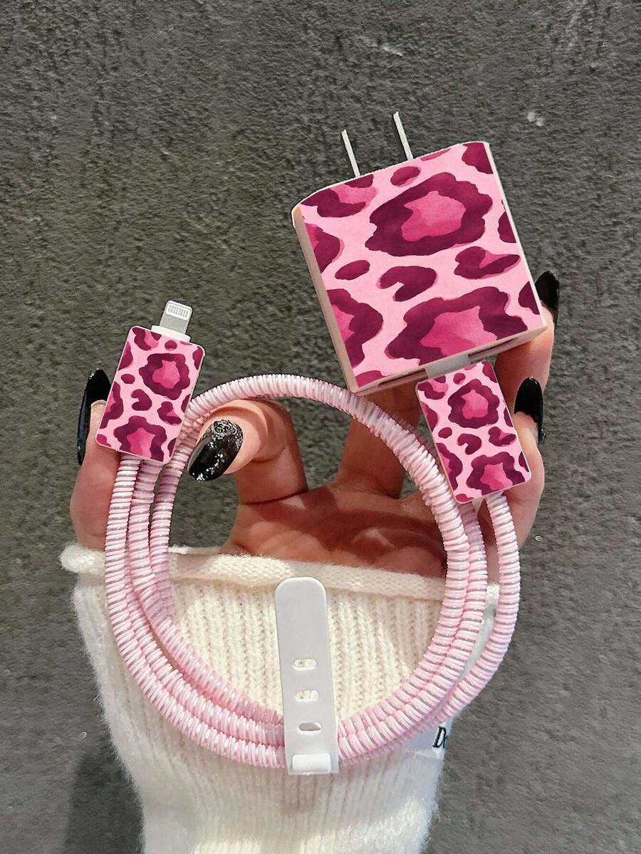 Pink Wine Red Leopard Print Charger Cable Protector, Compatible With IPhone 14 Pro Max, Suitable For 18/20W Fast Charging Cable Winder, Anti-Breakage Tangle Storage Protector, Gift For Boyfriend/Girlfriend, Compatible With IPhone 13/12/11 - Multicolor - View 1