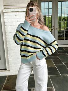 Women Asymmetrical Off Shoulder Striped Knit Jumper, Light Blue Yellow Black Color Block Long Sleeve Sweater - Multicolor - View 8