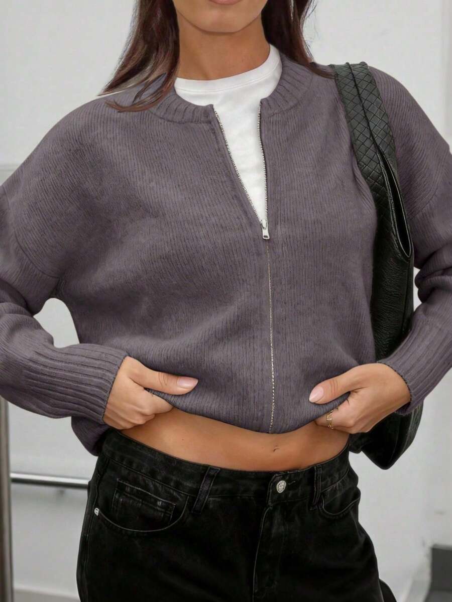女款簡單紫色拉鍊針織開襟衫 秋冬圓領長袖外套 百搭通勤風 日常休閒時尚上衣