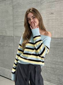 Women Asymmetrical Off Shoulder Striped Knit Jumper, Light Blue Yellow Black Color Block Long Sleeve Sweater - Multicolor - View 3