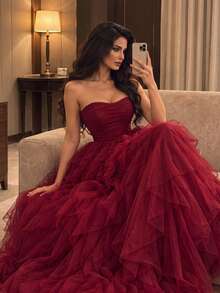 Faeriesty Vestido de novia romántico sin tirantes, falda de tul con volantes en capas, silueta en A, adecuado para bodas clásicas, graduaciones, galas elegantes de otoño - Burdeos - Ver 7