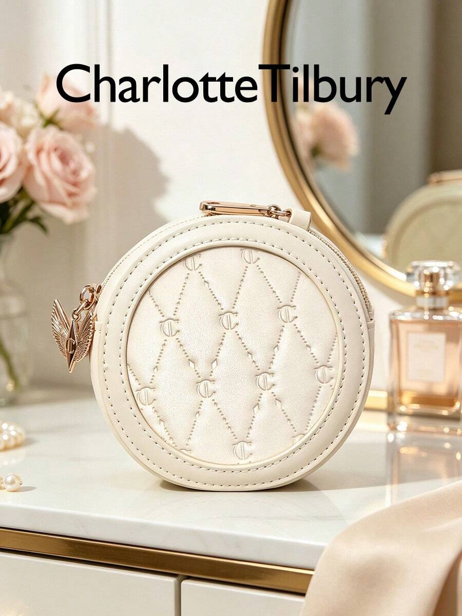 Charlotte Tilbury Elegant Round Coin Purse Charm, White Diamond Stitched Zipper Clutch Pouch, Storage Pendant For Coins & Makeup - Off-white - View 1