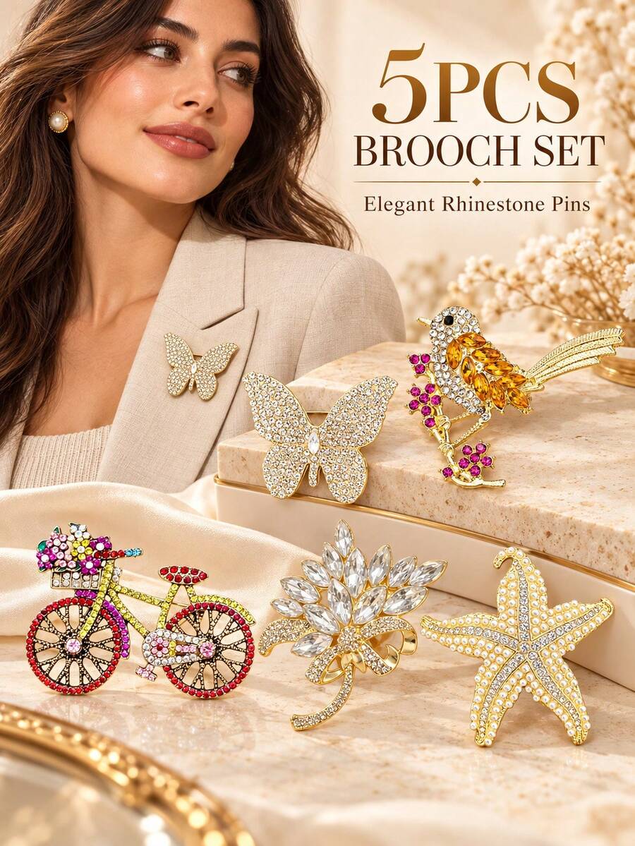 5pcs Women's Brooch Set, Rhinestone Bird, Sparkling Butterfly, Colorful ...