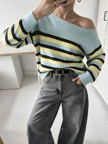 Women Asymmetrical Off Shoulder Striped Knit Jumper, Light Blue Yellow Black Color Block Long Sleeve Sweater - Multicolor - View 6