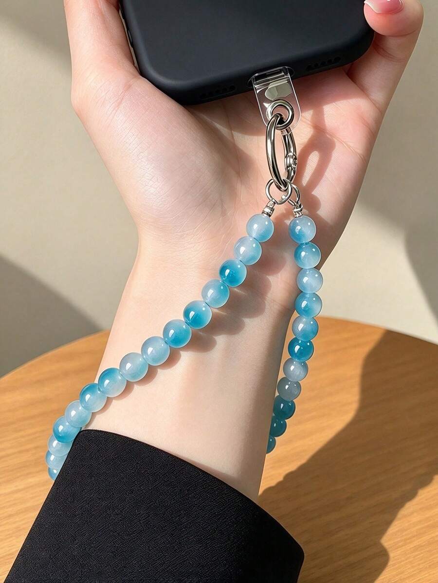 1pc Gradient Ice Blue Cat Eye Beaded Phone Charm, Aesthetic Ocean Blue Phone Wrist Strap With Tether Tab, Universal Anti-Lost Phone Accessory Gift For Women Compatible With IPhone Case &Compatible With Samsung Case - Baby Blue - View 1