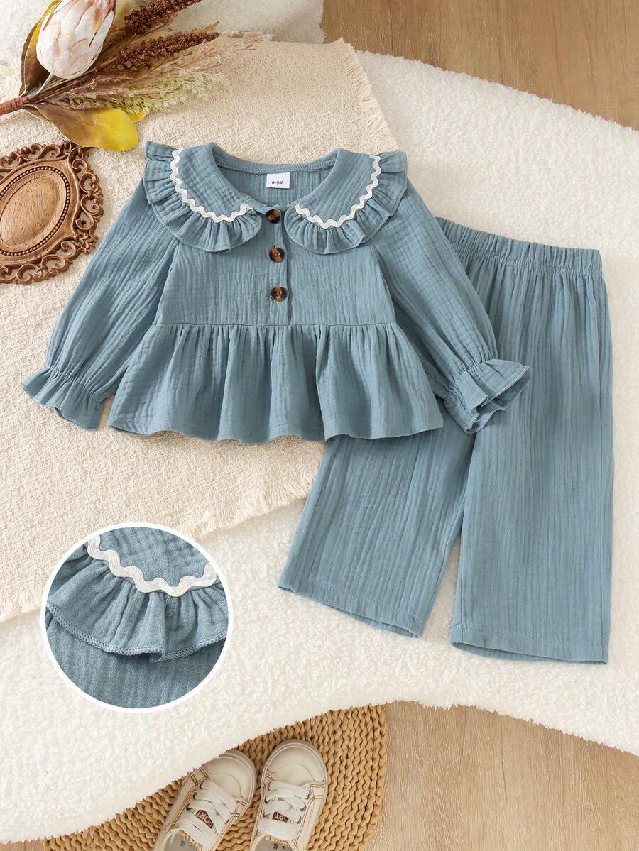 2pcs Baby Girl Mori Style Vintage Coffee Color Peter Pan Collar Long Sleeve Top & Matching Loose Wide Leg Pants Set, Thin Spring/Autumn - Blue - View 1