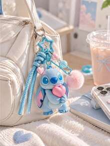 Miniso Disney Stitch Cute Blue Character Keychain With Pink Heart, Decorative Beads And Braided Strap For Purse, Tote Bag And Backpack, Christmas Gift - Style 1 - View 1
