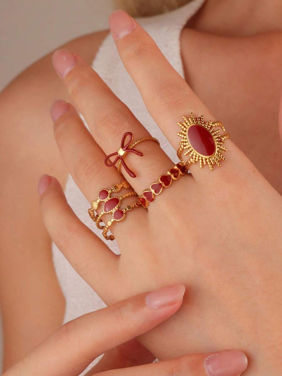 4pcs Red Oil Drip Open Ring Heart Bow Sunflower Stainless Steel Stackable Rings - Multicolor - View 1