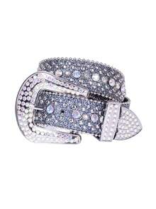 1pc Unisex Rhinestone Embellished Western Cowboy Style Luxury Leather Belt - Dusty Blue - View 12