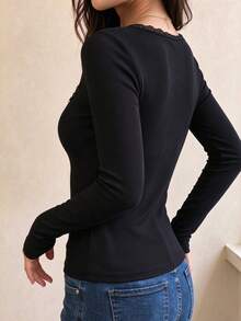 Black Ribbed Lace Low U-Neck Cropped Top | Half-Button Long Sleeve | Slim Fit Autumn Street Style | Y2K - Black - View 4