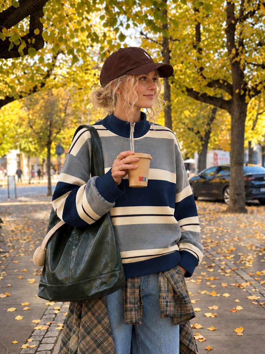 1pc Women's Striped Half-Zip Sweatshirt, Soft & Comfortable Casual Top, Suitable For Autumn/Winter City Strolls, Campus And Daily Casual Weekend Outings - Grey - View 1