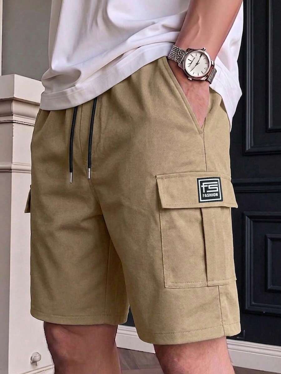[High Street] Minimalist Multi-Pocket Solid Color Functional Cargo Shorts With Adjustable Elastic Drawstring, Sports Summer Style - Khaki - View 1
