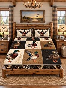 3pcs Bed Sheet Set (1PC Bed Sheet + 2pcs Pillowcases, Pillow Inserts Not Included,) Polyester Digital Print, Duck & Water Bird Plaid Pattern Bedroom Supplies, Machine Washable, Daily Bedroom Home Textiles - Multicolor - View 1