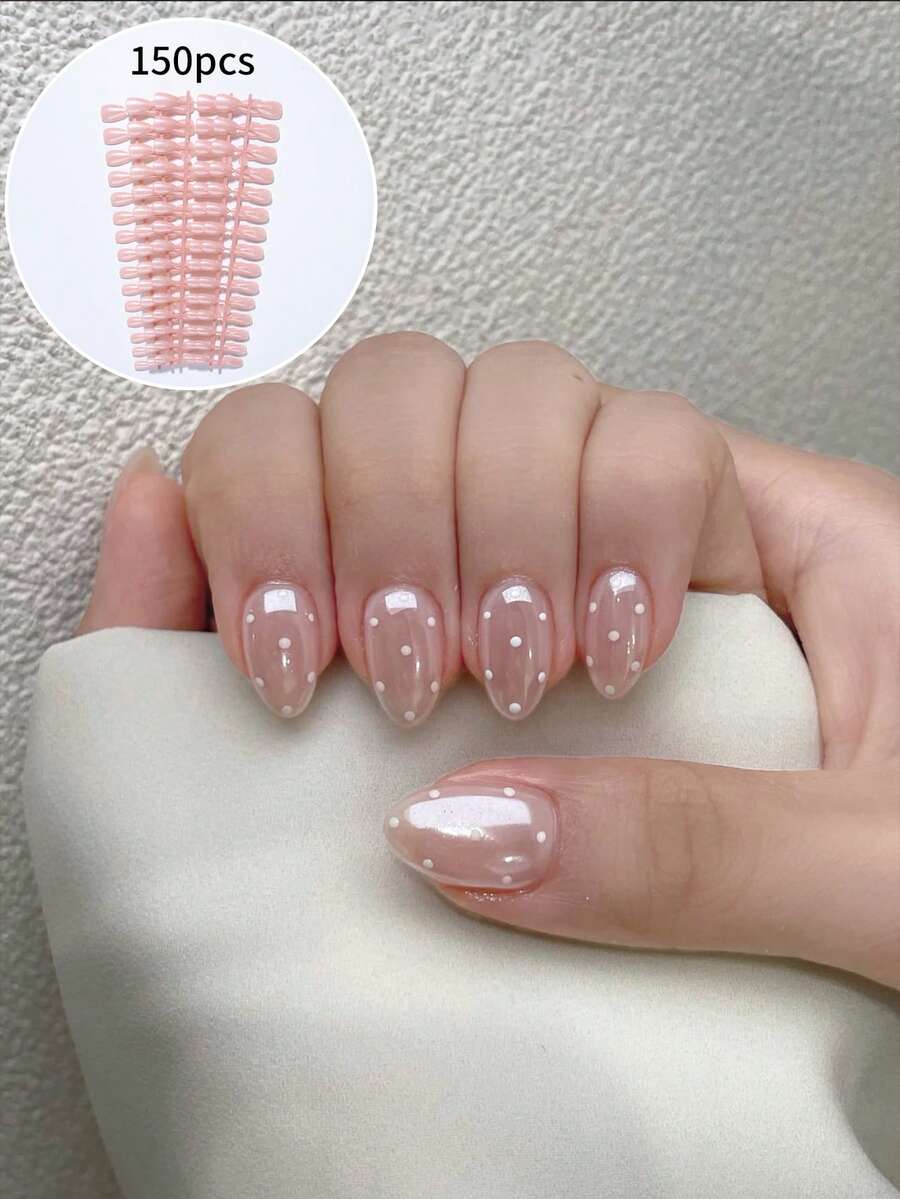 150pcs Y2K Short Almond Shape White Polka Dot Acrylic Press-On Nails, Perfect Fit For Short Nails, Set Includes: 1pc Jelly Glue And 1pc Nail File, Suitable For Women And Girls Daily Wear And Party Use In Autumn - Multicolor - View 1