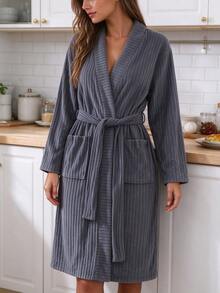 Women's Minimalist Ribbed Knit Vertical Stripe Robe, Soft Shawl Collar Tie Waist Long Robe With Pockets, Bathroom & Home Wear - Grey - View 1