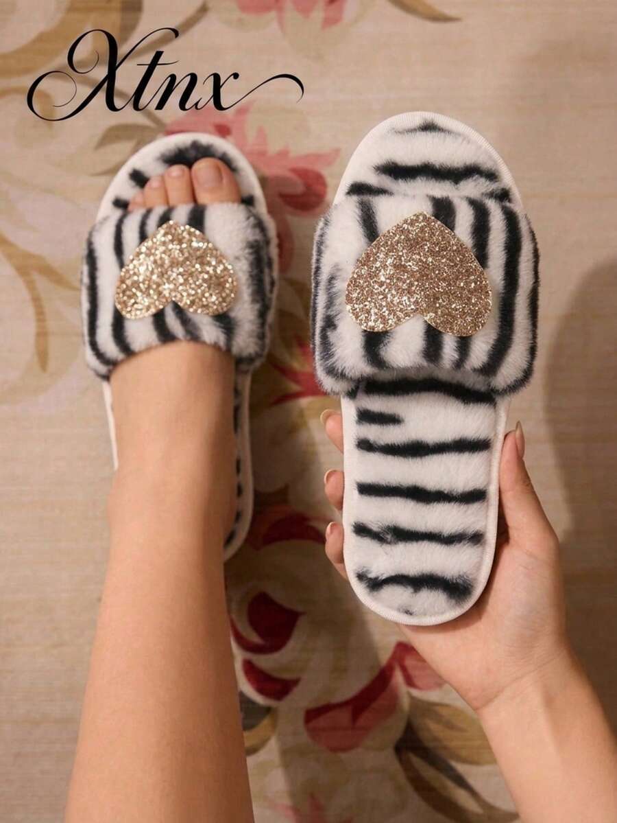 Women's Glitter Heart Zebra Print Plush Open Toe Sweet Style Black & White Flat Home Slippers, Autumn/Winter - Black - View 1