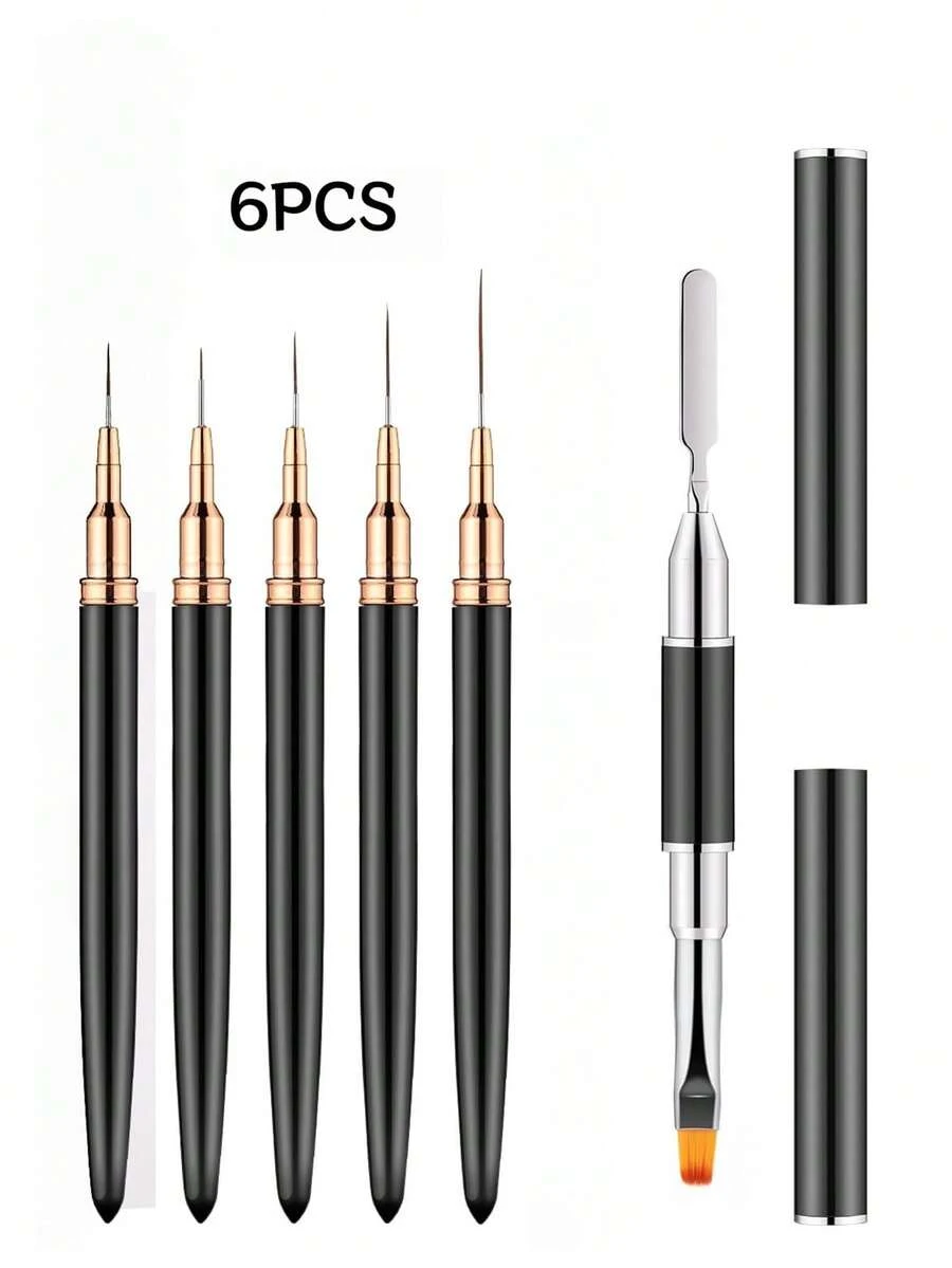 6Pcs Nail Art Brushes,Fine Line Drawing Brushes, Nail Liner Pen, Nail Color Mixing Spatula, Manicure Painting Tools - Black - View 1
