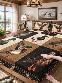 3pcs Bed Sheet Set (1PC Bed Sheet + 2pcs Pillowcases, Pillow Inserts Not Included,) Polyester Digital Print, Duck & Water Bird Plaid Pattern Bedroom Supplies, Machine Washable, Daily Bedroom Home Textiles - Multicolor - View 8