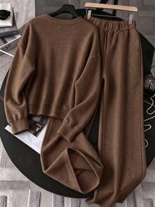 Plus Size Women's Autumn/Winter Casual Solid Color & Print Round Neck Long Sleeve Brown Knit Sweater, 2 Pieces Sweater Set - Brown - View 2