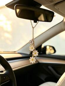 1pc Initial Letter Daisy Rearview Mirror Hanging Ornament, Personalized Alphabet Alloy Daisy Pendant Car Interior Decor, Car Accessories For Auto Windshield - A - View 3