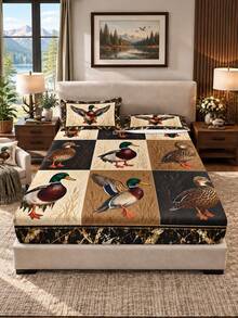 3pcs Bed Sheet Set (1PC Bed Sheet + 2pcs Pillowcases, Pillow Inserts Not Included,) Polyester Digital Print, Duck & Water Bird Plaid Pattern Bedroom Supplies, Machine Washable, Daily Bedroom Home Textiles - Multicolor - View 5