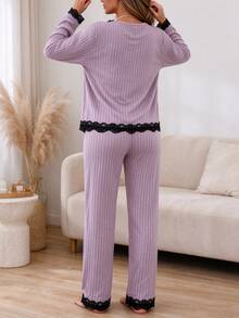 2pcs/Set Autumn/Winter Women's Ribbed Fleece Pajama Set, Casual Round Neck Long Sleeve Cardigan And Pants, Lace Collar Design, Ribbed Brushed Fabric, Elegant And Comfortable Wearable Sleepwear Loungewear Set - Mauve Purple - View 7