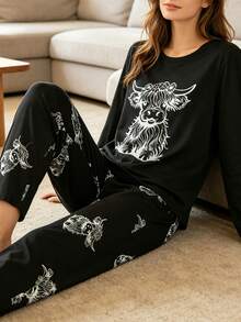 2pcs Women's Pajama Set, Autumn/Winter, 2-Piece Set, Round Neck Long Sleeve Pullover Top And Loose Elastic Waist Pants, Suitable For All Seasons, Home Wear, Outdoor Wear, Comfortable And Loose, Highland Cow Print Pattern - Black - View 6