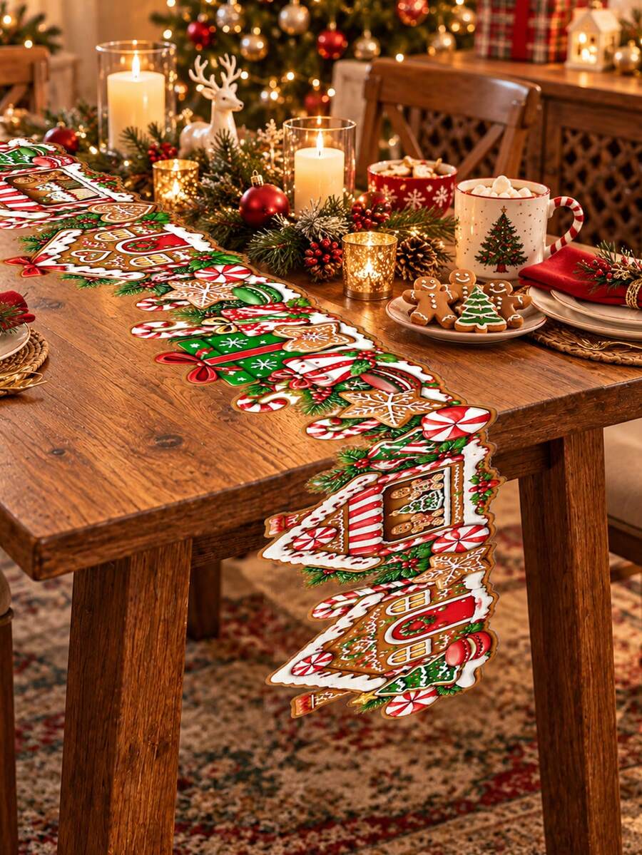 1Pc Holiday Irregular Table Runner, Christmas Gingerbread Village Candy Sweet Print Linen Table Runner, Farmhouse Dining Table Decoration For Xmas Dinner Party Home Kitchen Decor - B - View 1