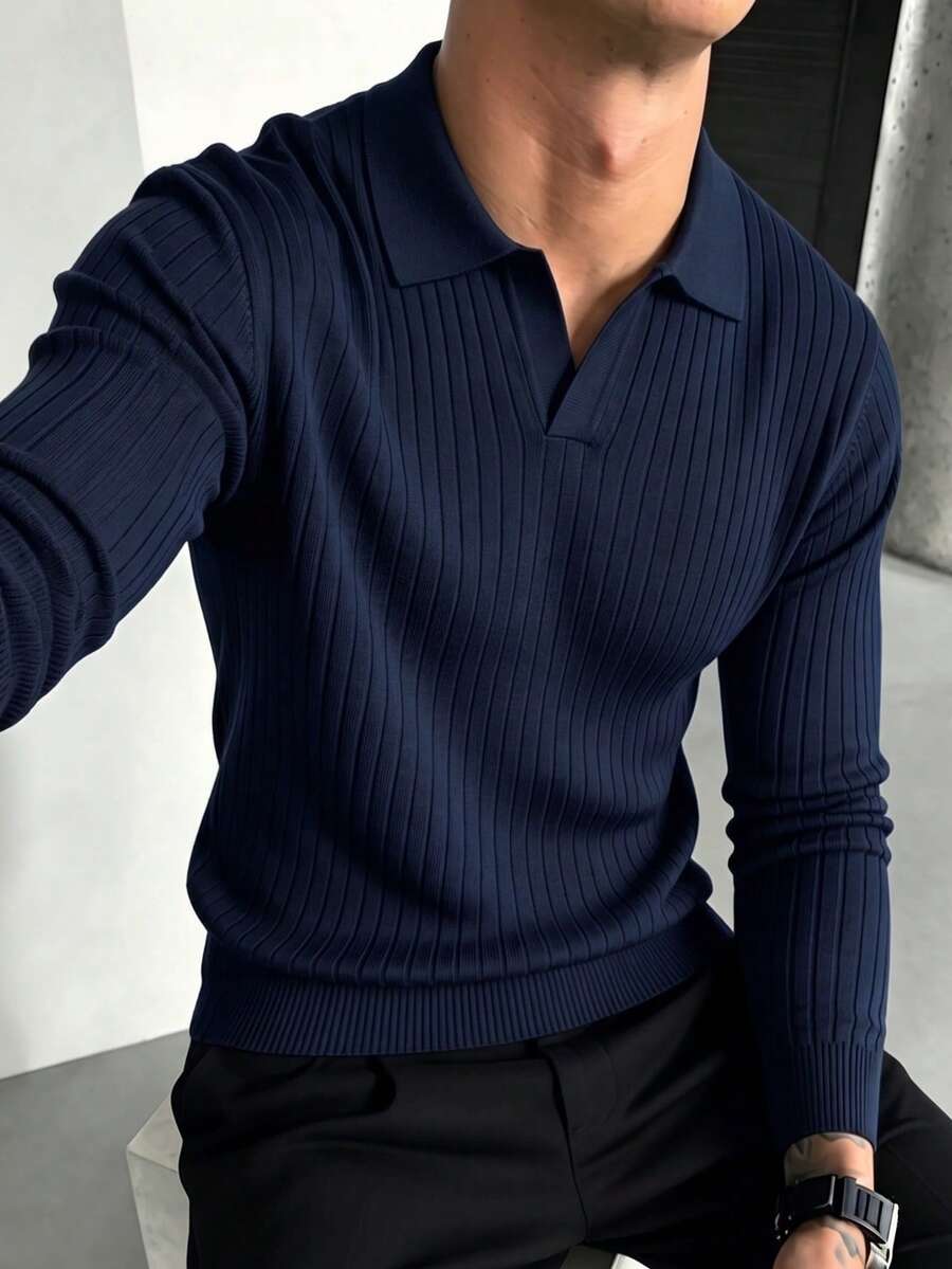 Men's Autumn/Winter Fashion Ribbed Shoulder Airplane Collar Long Sleeve Sweater, Business/Casual Essential POLO Collar Sweater