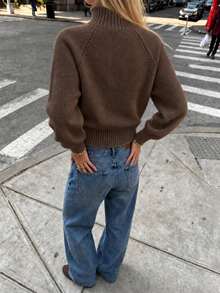 Casual Women's Contrast Color Button Knit Top, Fashionable Semi-High Neck Cardigan, Loose Sweater - Brown - View 3