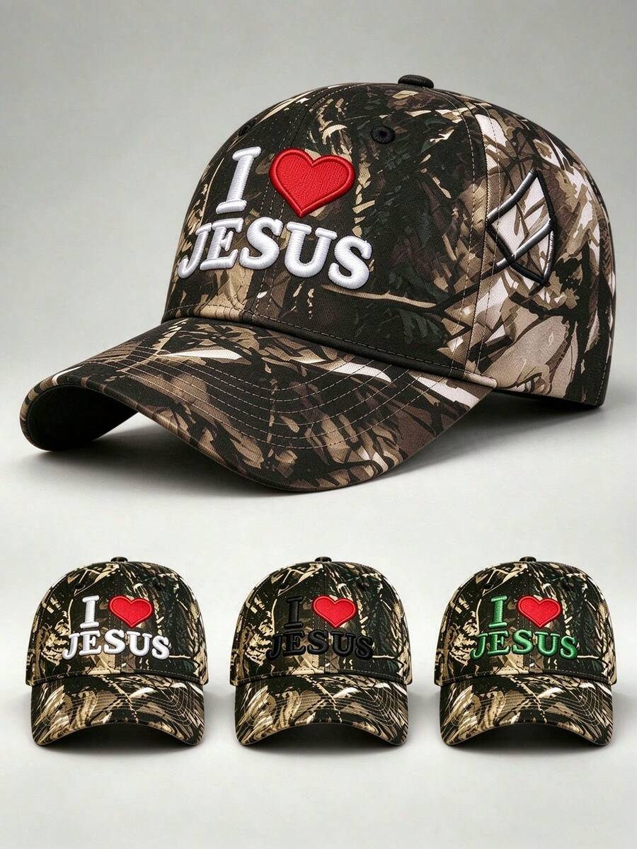 1pc Men's And Women's Camo I LOVE JESUS Embroidered Baseball Cap Adjustable Design Perfect For Outdoor Hunting, Travel Breathable And UV-Protective.