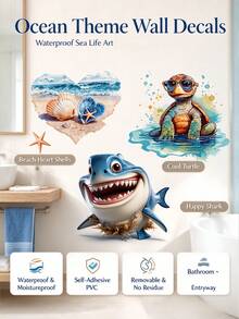 1PC Fun Ocean-Themed Toilet Stickers, Includes Beach Shells, Starfish, Cool Turtles, And Cartoon Sharks, Waterproof, Self-Adhesive, And Removable, Suitable For Bathroom Toilet Lids, Tanks, Cabinet Doors, DIY Home Decor Wall Stickers - Wall Stickers - View 1