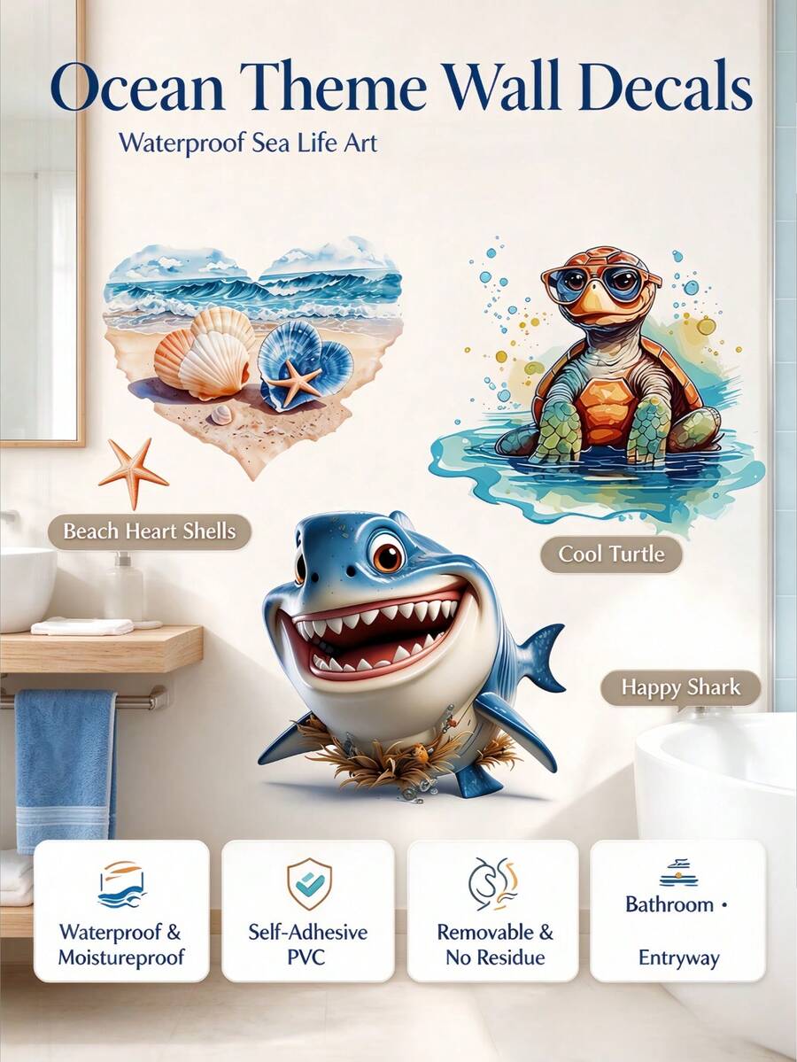 1PC Fun Ocean-Themed Toilet Stickers, Includes Beach Shells, Starfish, Cool Turtles, And Cartoon Sharks, Waterproof, Self-Adhesive, And Removable, Suitable For Bathroom Toilet Lids, Tanks, Cabinet Doors, DIY Home Decor Wall Stickers - Wall Stickers - View 1
