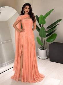UNITHORSE Bridesmaid Strapless Backless Slit Design Elegant Waist-Cinched Formal Evening Gown Dress - Coral Orange - View 3