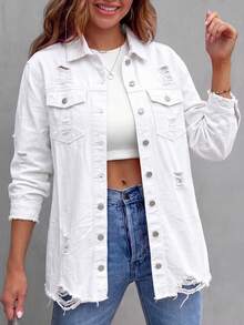 Women's White Long Sleeve Distressed Regular Fit Denim Jacket With Collar Buttons And Frayed Hem, Fashionable Outerwear - White - View 2