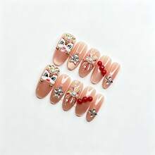 Handmade Chinese New Year Lion Dance Press On Nails, Nude Champagne Cat Eye Base, 3D Hand-Painted Lion Head, Firework Pearl Rhinestone Red Bead Decor Reusable False Nails - Apricot - View 10