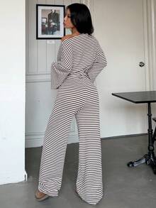 Women's Striped Knit 2 Pieces Set, Including Cropped Top And Wide Leg Pants, Elegant Casual Outfit, Medium Stretch Fabric, Suitable For Daily Wear - Coffee Brown - View 2