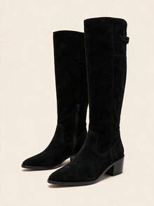 2026 New Thick Heel Over-The-Knee Boots For Women, Slimming Tall Boots With Wide Shaft, High Heel Pointed Toe Suede Riding Boots - Black - View 1