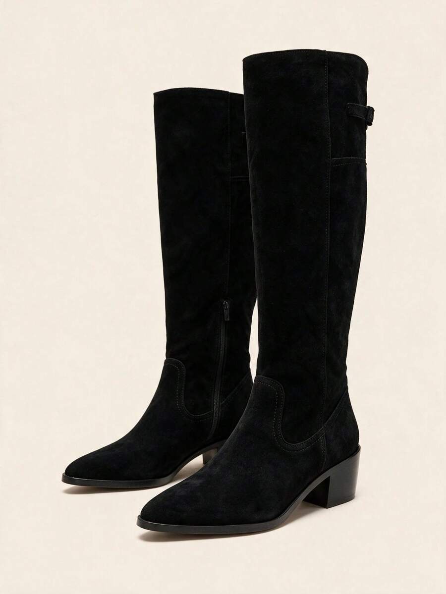 2026 New Thick Heel Over-The-Knee Boots For Women, Slimming Tall Boots With Wide Shaft, High Heel Pointed Toe Suede Riding Boots - Black - View 1